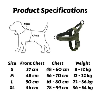 no-pull dog harness for large dogs size chart showing neck, chest measurements, and adjustable heavy-duty vest harness