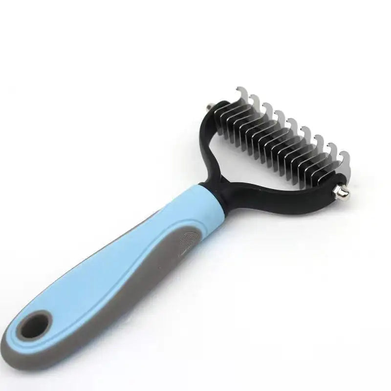 blue double sided pet deshedding brush stainless steel dematting comb for dogs and cats, undercoat shedding tool