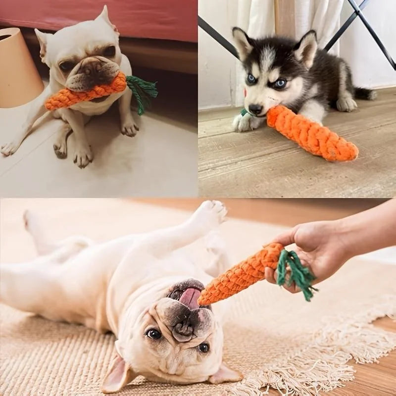 Carrot shape dog chew toy made of cotton rope for dogs and cats, bite-resistant indoor pet knot toy