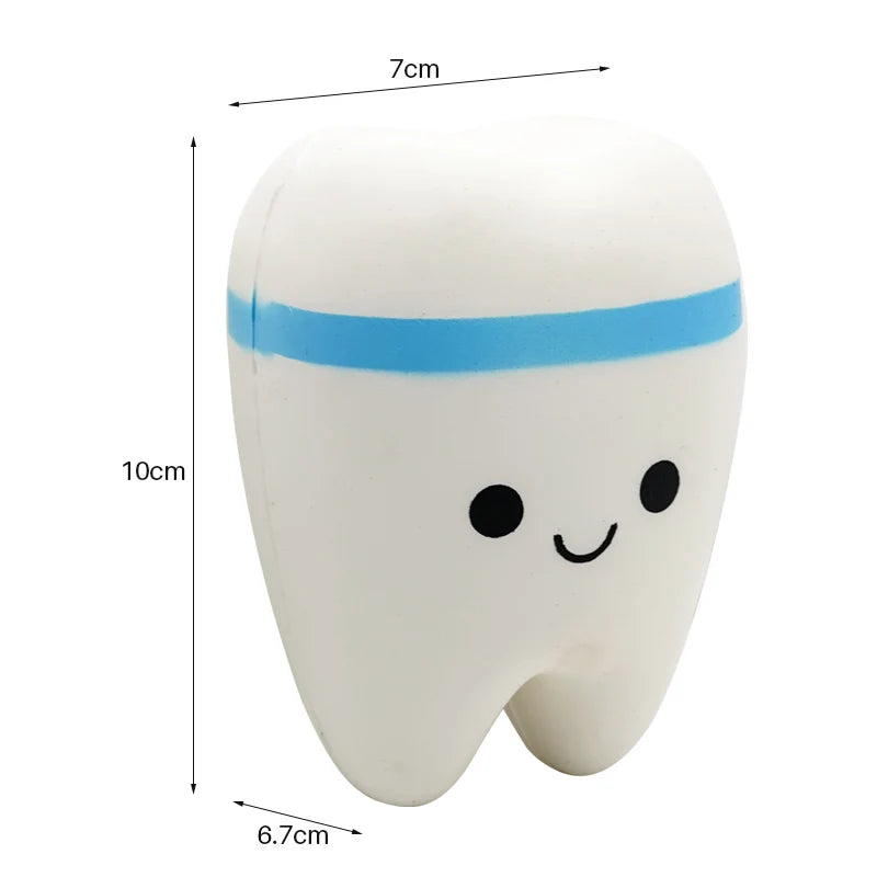Cute blue and white teeth shape squishy toy, slow rising dental stress relief gift for kids, 10cm cartoon toy