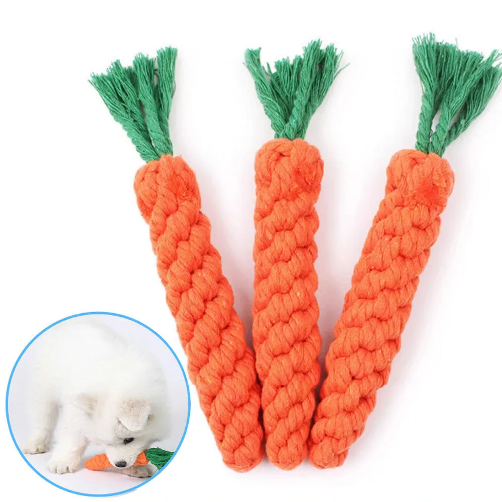 durable cotton rope dog chew toy carrot-shaped braided chew toy for puppies and small dogs, teeth cleaning