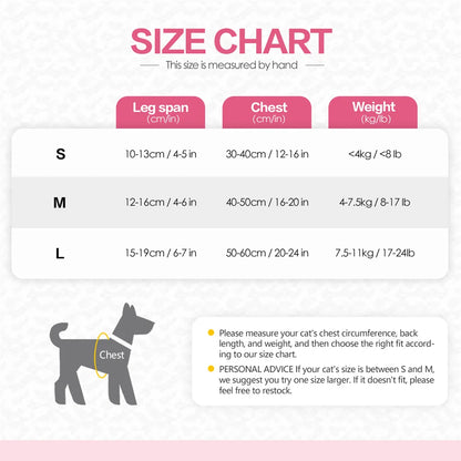 Horizontal dog carrier backpack size chart for small dogs, showing leg span, chest, and weight measurements