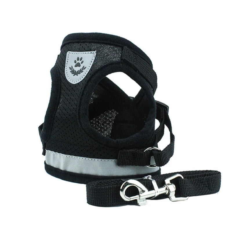 Adjustable cat and small dog harness and leash set black mesh breathable vest, reflective, ships from China Mainland