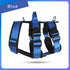 Adjustable blue dog harness with padded straps and metal D-rings on a white background.