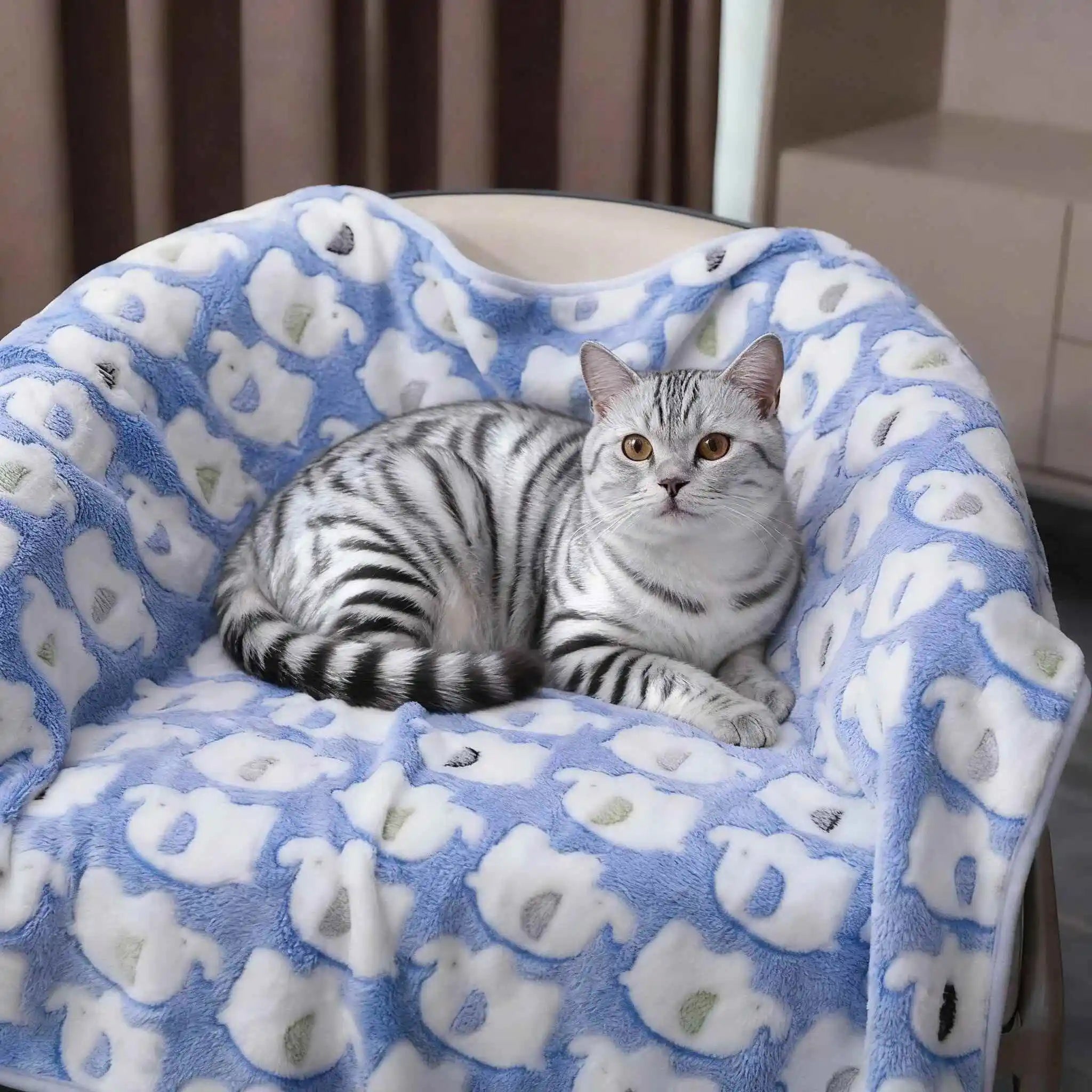 soft dog blanket for cats and dogs, plush blue elephant print pet bed mat, cozy reversible 4-season cover