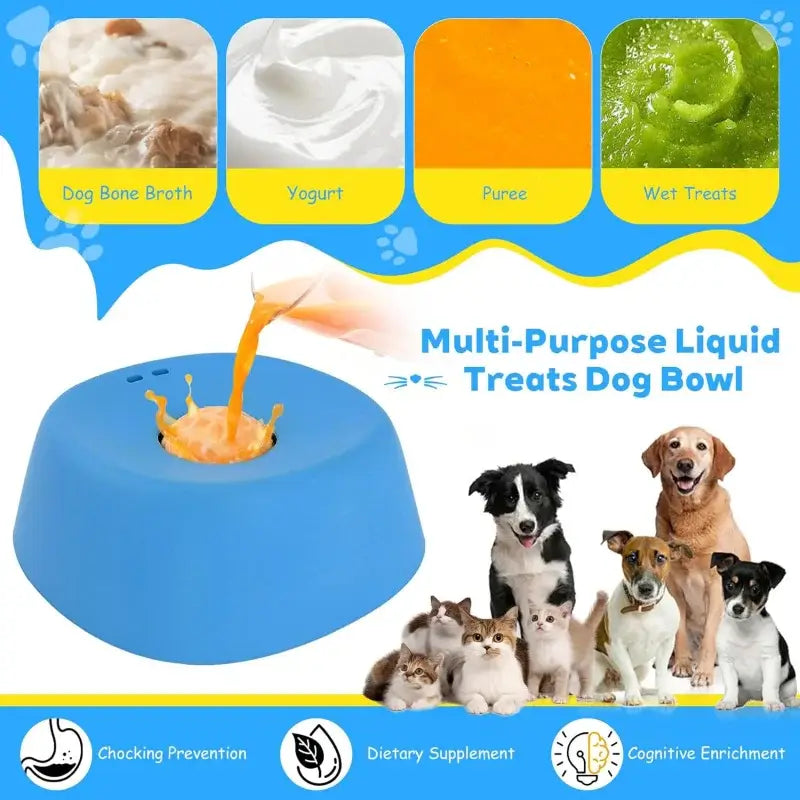 Blue slow feeder dog bowl for bone broth, yogurt, puree, and wet treats with anti-choking design