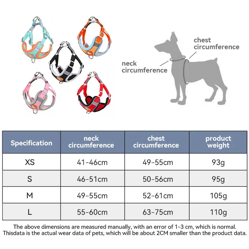 adjustable reflective dog vest harness size chart for small to medium dogs with neck and chest measurements