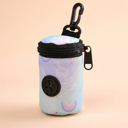 Pastel dog waste bag dispenser pouch with zipper and clip, rainbow pattern