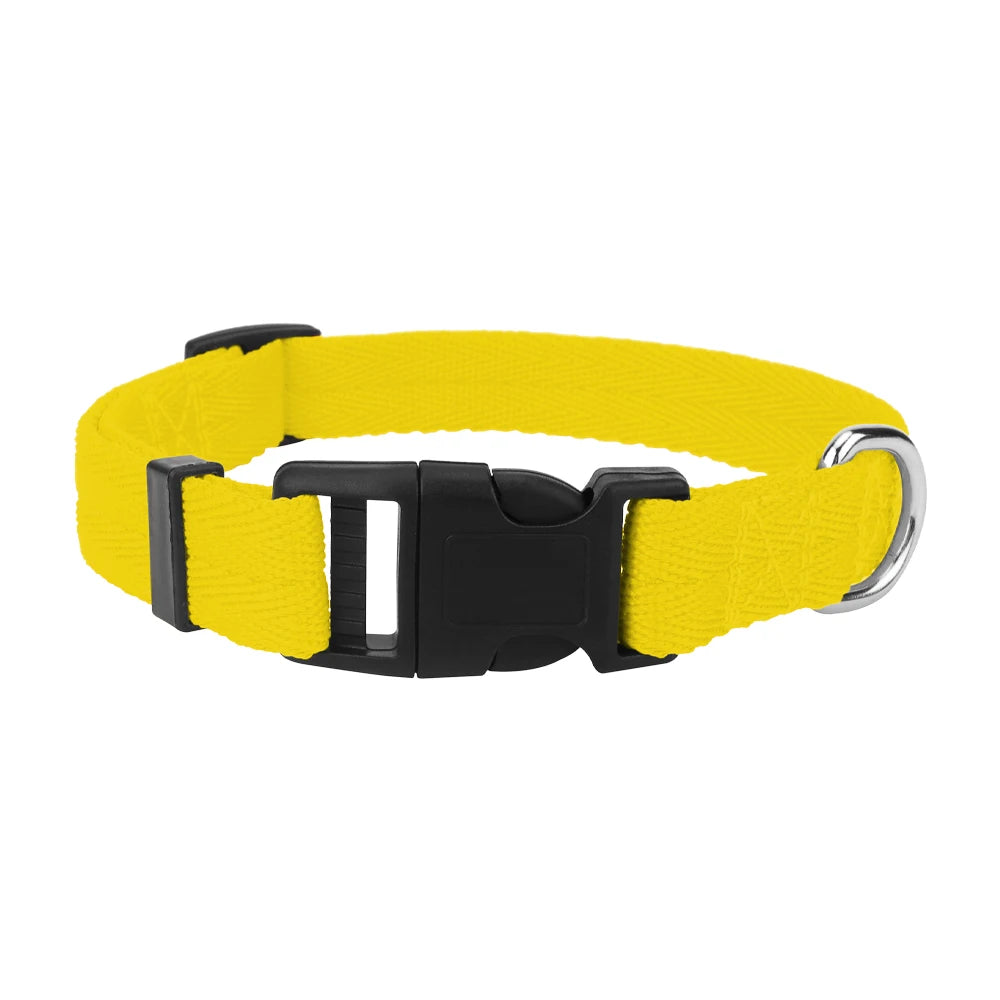 adjustable nylon dog collar in yellow with quick release plastic buckle for small, medium, and large dogs