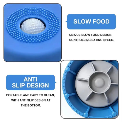 Blue slow feeder dog bowl with anti-slip design and slow food surface for healthy, controlled eating