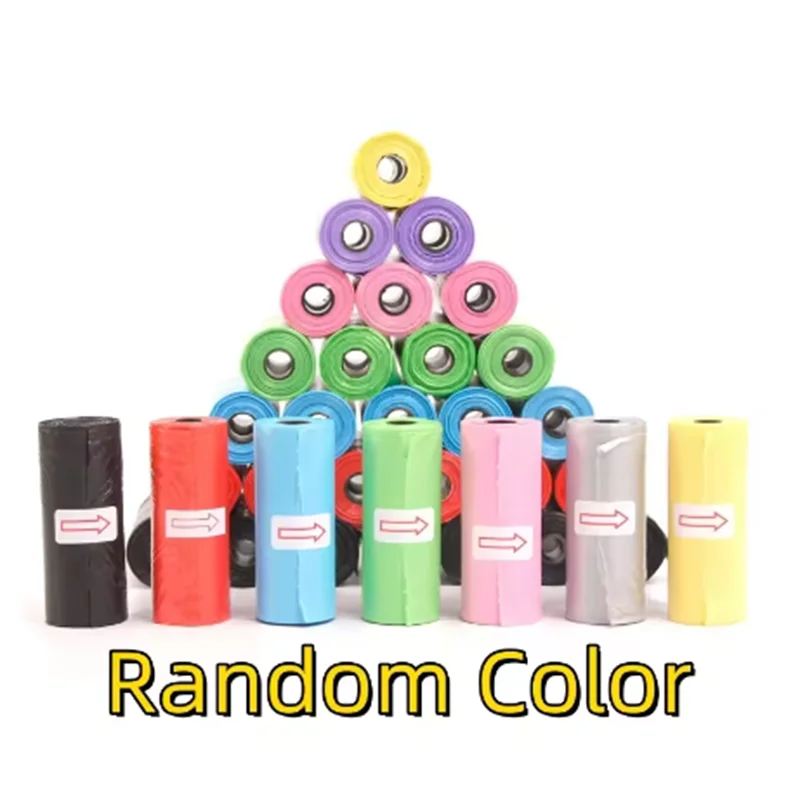 Assorted colorful dog waste bag rolls in pyramid stack on white background, random color selection