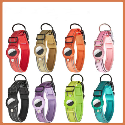 Colorful padded dog collars with tracking tag holders in various colors on white background.