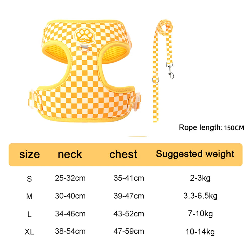 plaid dog harness and leash set yellow adjustable soft padded vest with rope leash for small medium dogs and cats