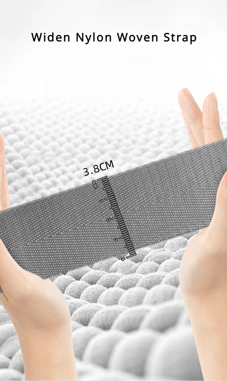 Hands holding a 3.8 cm wide gray nylon woven dog strap with textured surface.
