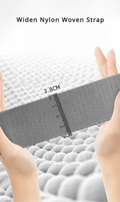 Hands holding a 3.8 cm wide gray nylon woven dog strap with textured surface.