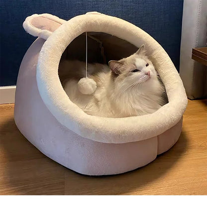 foldable washable cat bed with cute animal-ear design and pompom, cozy semi-closed pet sleeping cave for cats and small dogs