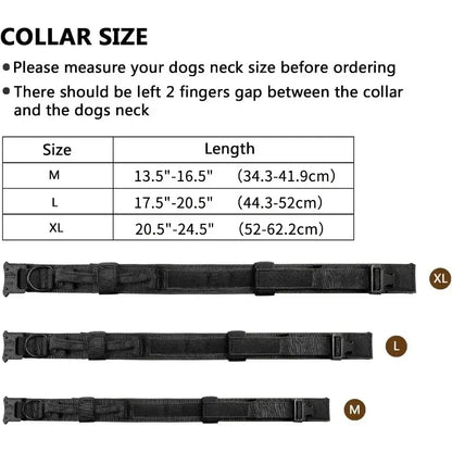 tactical dog leash collar size chart for medium and large dogs with quick release adjustable collars in M, L, and XL