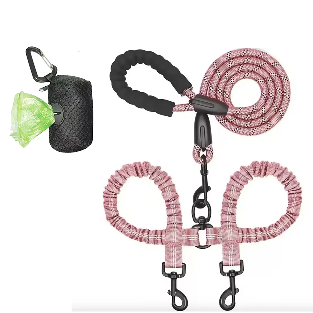 Pet Dog Leashes Walk 2 Two Dogs Nylon Leash Coupler Double Ropes Twin Leads Walking Dog with Poop Bag Multi Leashes 1.5+0.5M