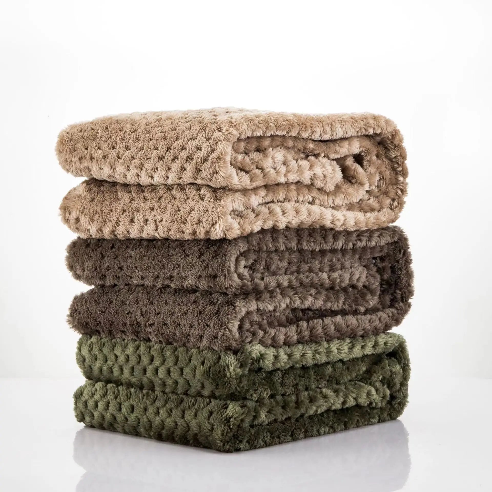 Soft pet blanket stack in beige, brown, and green for warm dog and cat beds, cozy washable pet bedding