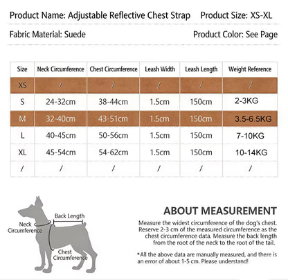 adjustable small dog harness leash set size chart for reflective chest strap, suede fabric, XS-XL, breathable pet walking accessory