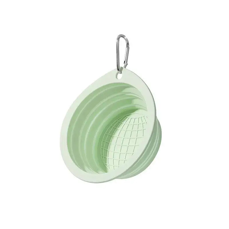 Green collapsible travel dog bowl, silicone foldable rounded pet bowl with carabiner for portable water and food feeding