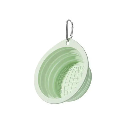 Green collapsible travel dog bowl, silicone foldable rounded pet bowl with carabiner for portable water and food feeding