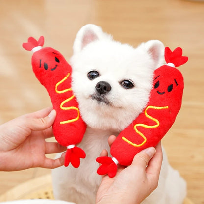 White puppy with squeaky plush dog chew toy hot dog plushies for chewing, biting, and interactive play