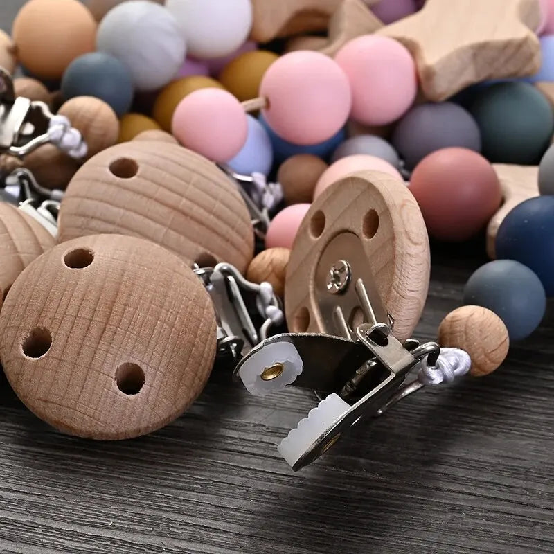 wooden pacifier clip teether with round wooden beads and silicone beads for baby soothing and chewing