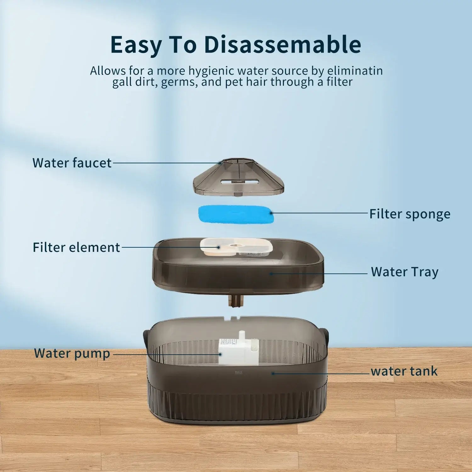 large capacity pet water fountain easy-to-disassemble design with filter sponge, water pump, and tank for cats and dogs