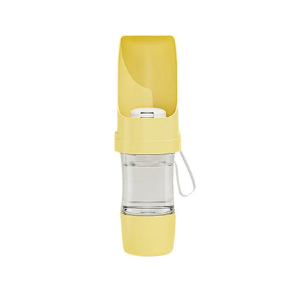 Yellow portable pet water bottle with food container, 500ml foldable travel bowl for puppies, cats, and dogs