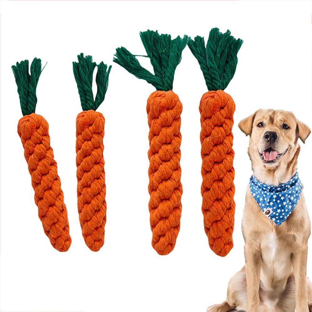 durable cotton rope dog chew toy carrot-shaped braided chew toy for puppies and dogs, teeth cleaning and chewing