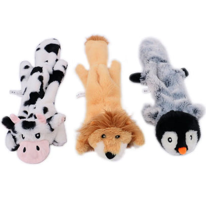 stuffingless squeaky dog toy set with cow, lion, and penguin plush chew toys for dogs