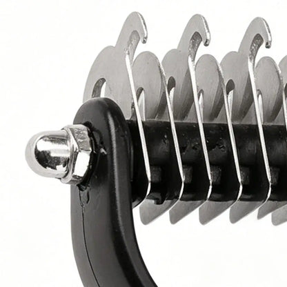 pet deshedding brush with stainless steel rake blades for removing loose fur and detangling dog and cat coats