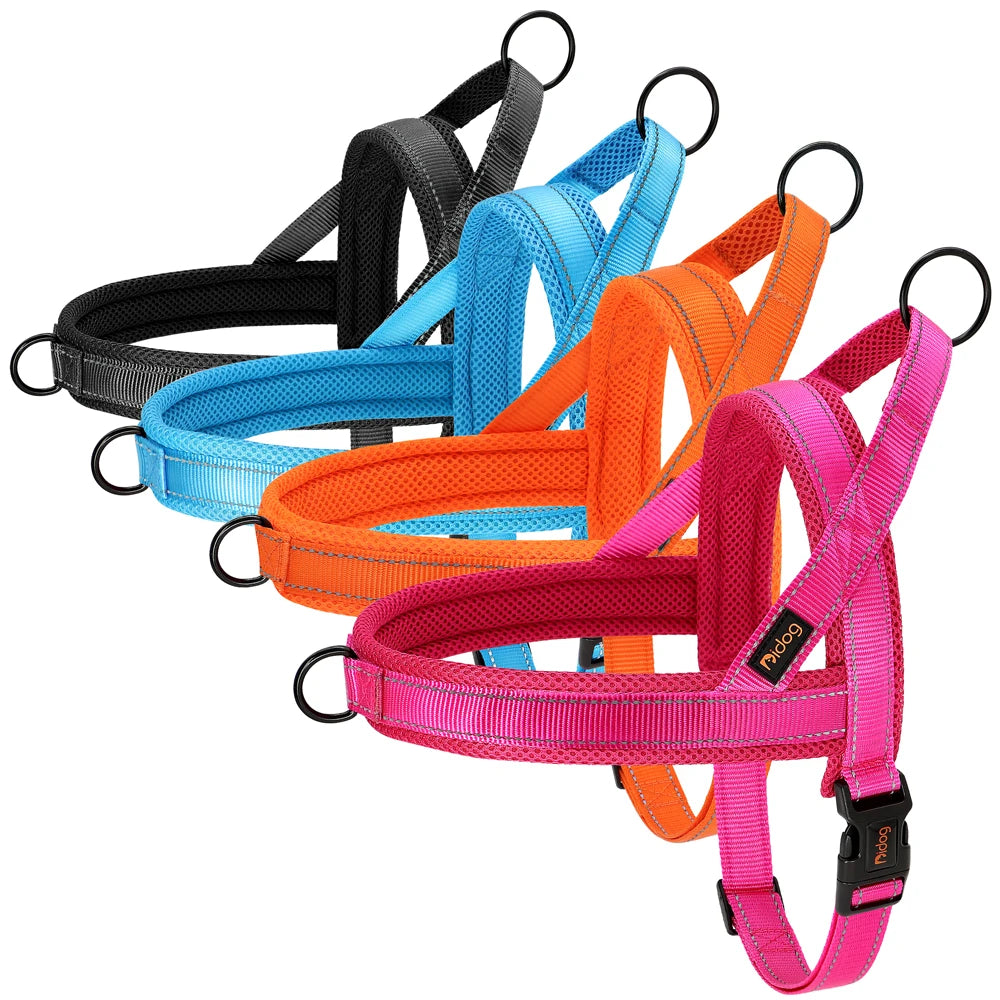 reflective no pull dog harness for small to large dogs, adjustable padded nylon vest in black, blue, orange, and pink