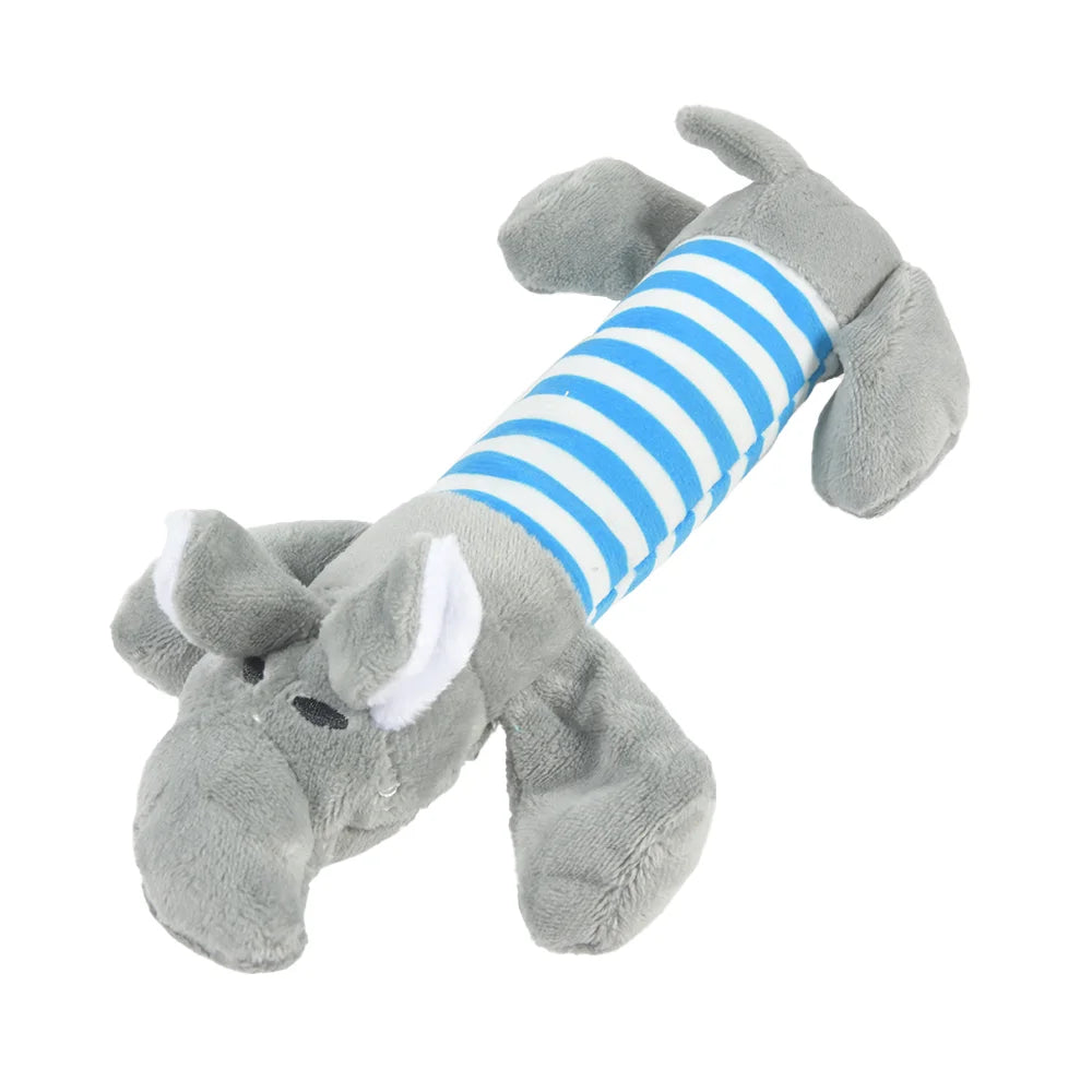plush dinosaur dog chew toy for small dogs, gray stuffed interactive pet chew toy with striped body