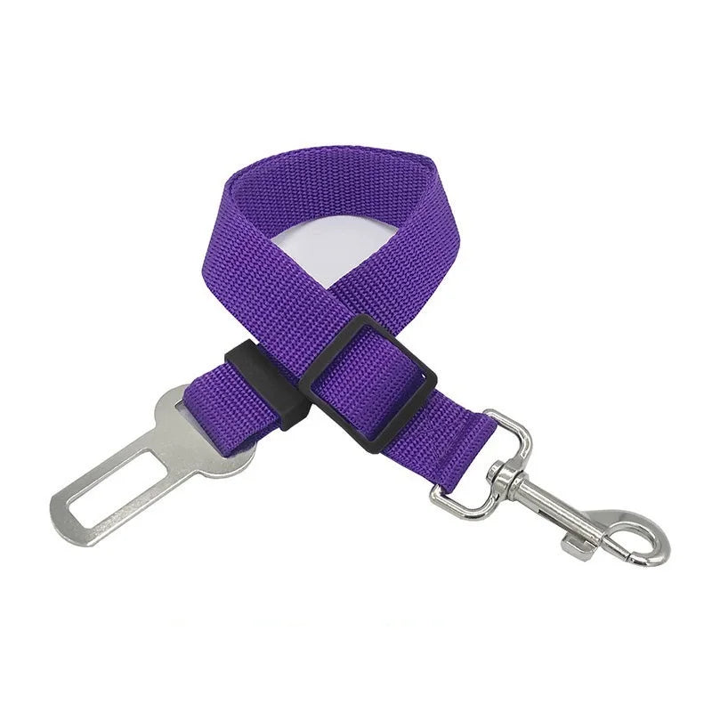 Purple nylon dog car seat belt with adjustable buckle and metal clip, 45-72cm safety leash for puppy travel