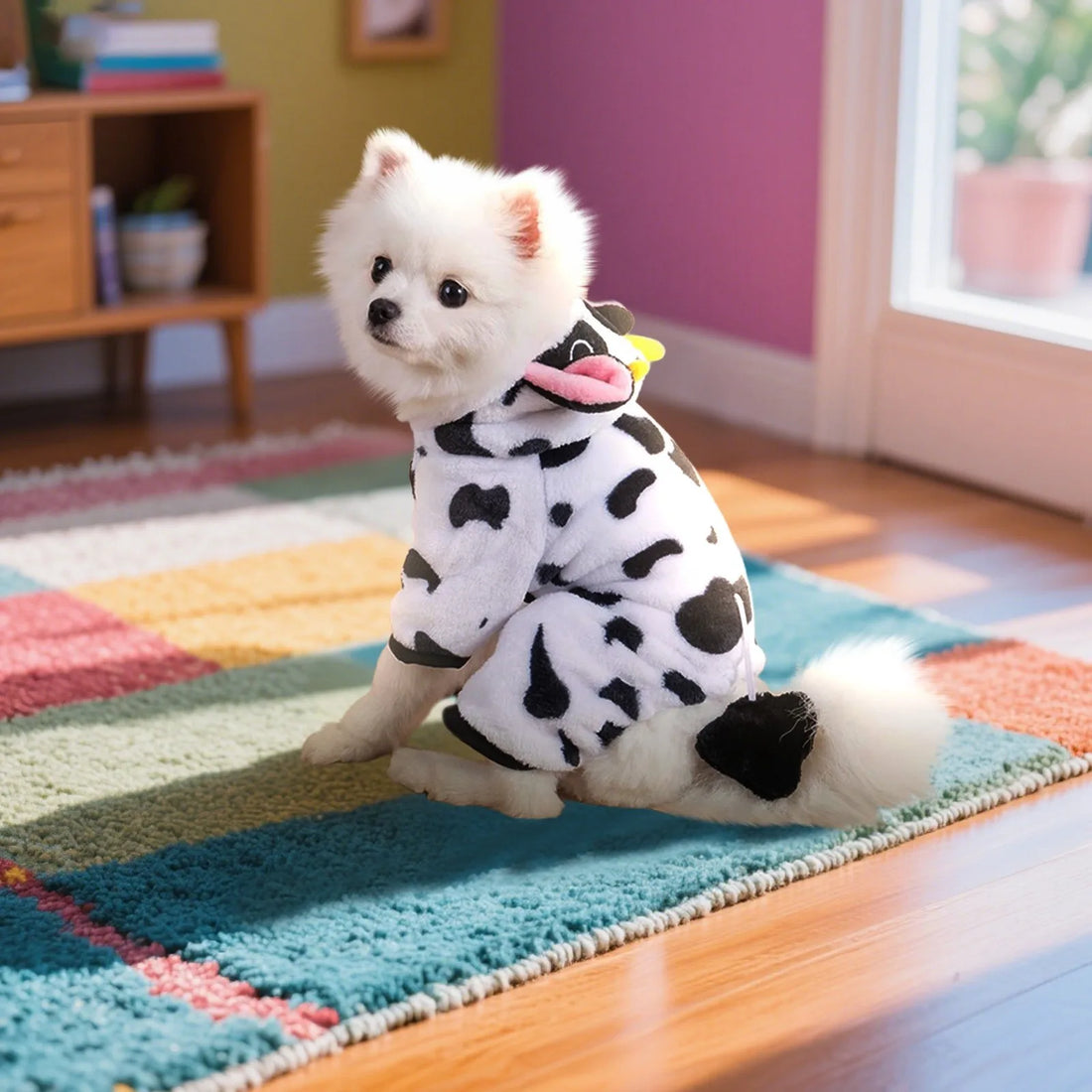 Fluffy white dog in a cow print costume sitting on colorful rug in bright room