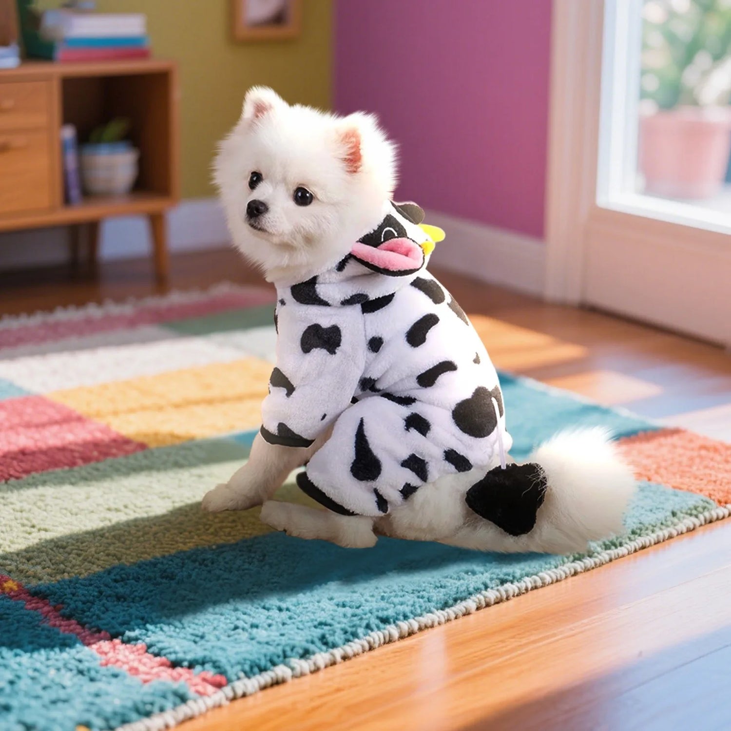 Fluffy white dog in a cow print costume sitting on colorful rug in bright room