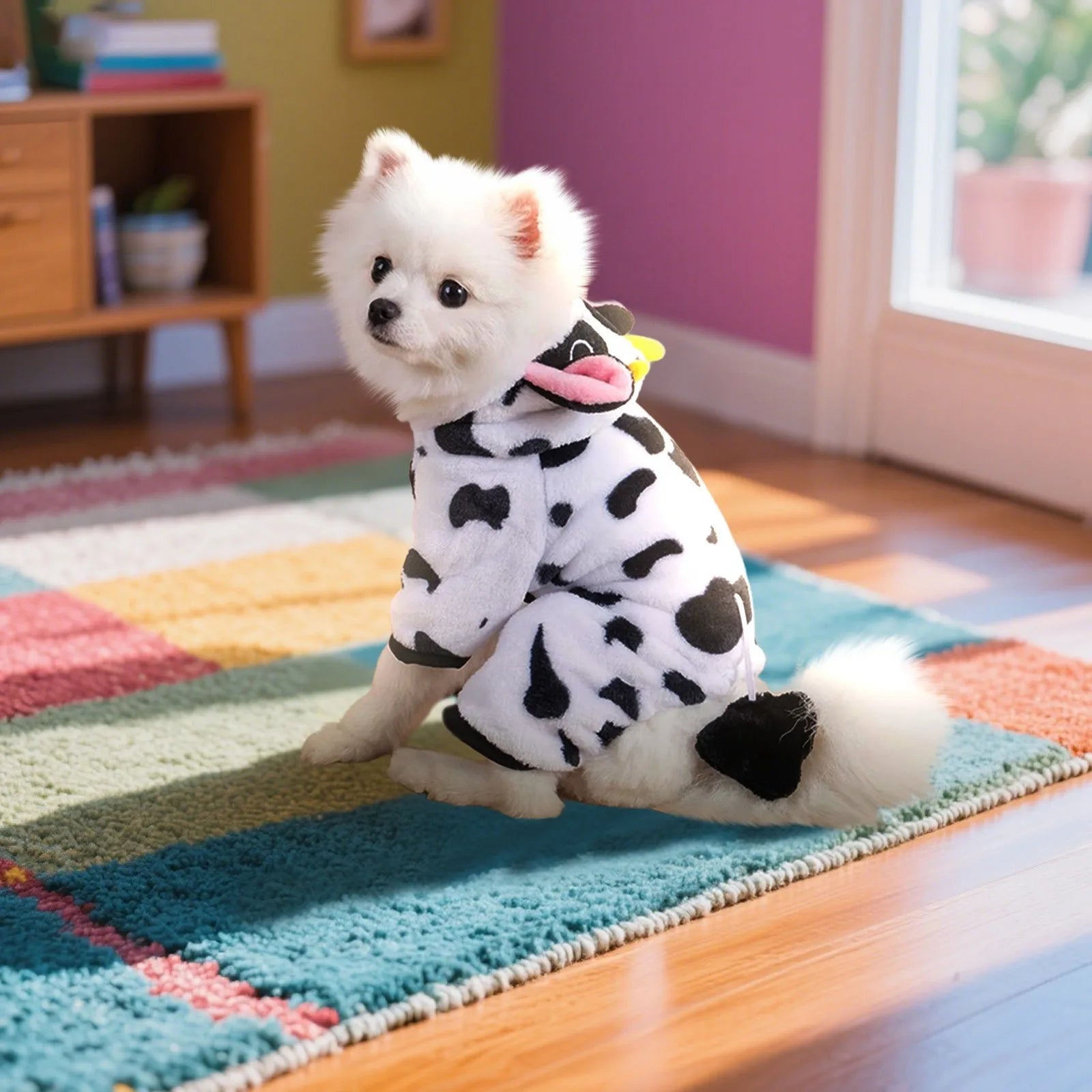 Fluffy white dog in a cow print costume sitting on colorful rug in bright room