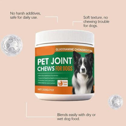 Glucosamine chondroitin pet joint chews for dogs, chicken flavor jar, with dog image.