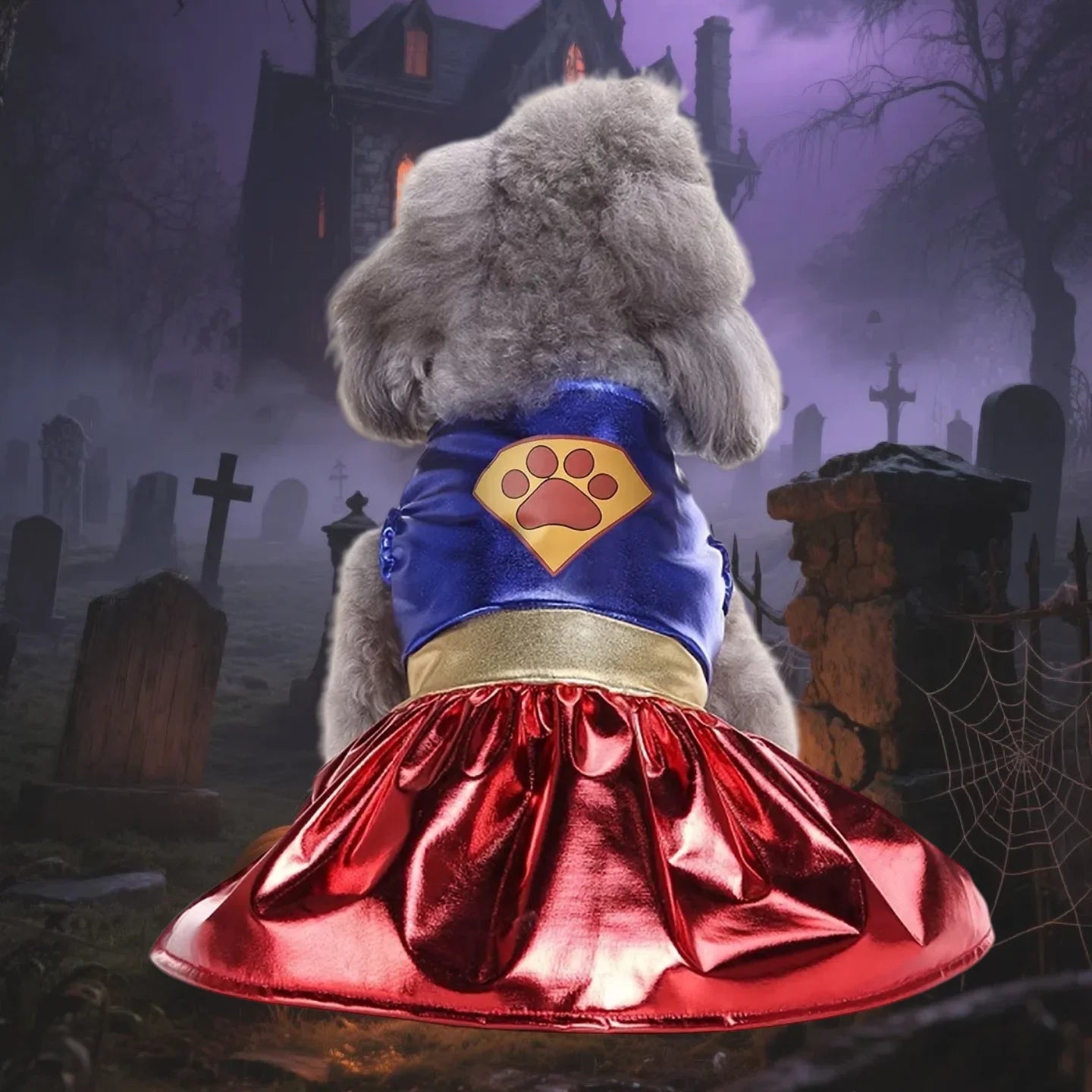 Gray dog wearing a superhero costume dress in a spooky graveyard at night