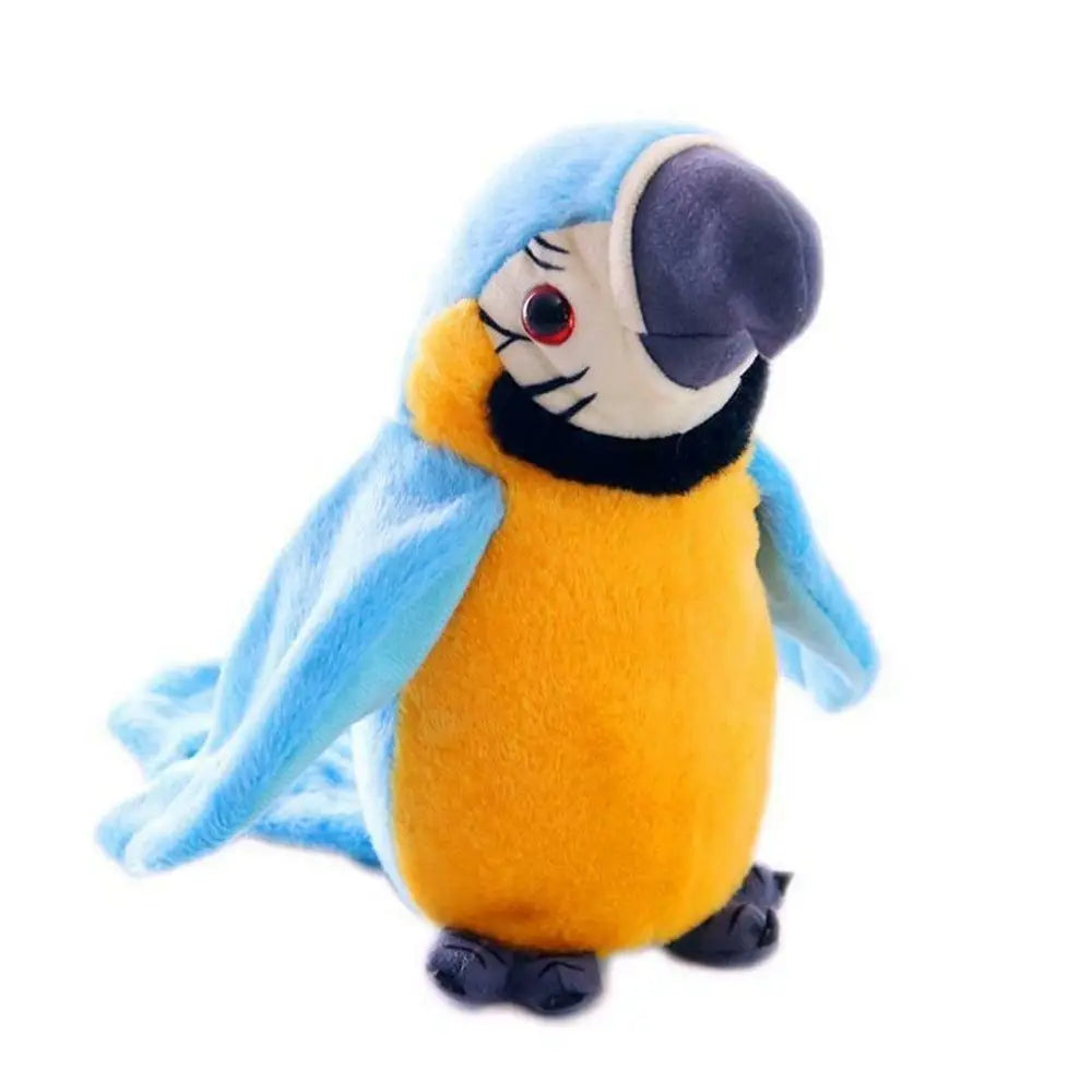 Blue talking parrot toy plush bird with soft velvet, yellow body and battery-powered singing repeat voice for kids