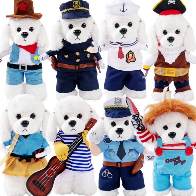 Plush white dog toys in various costumes: cowboy, police officer, sailor, pirate, musician, martial artist, and others.
