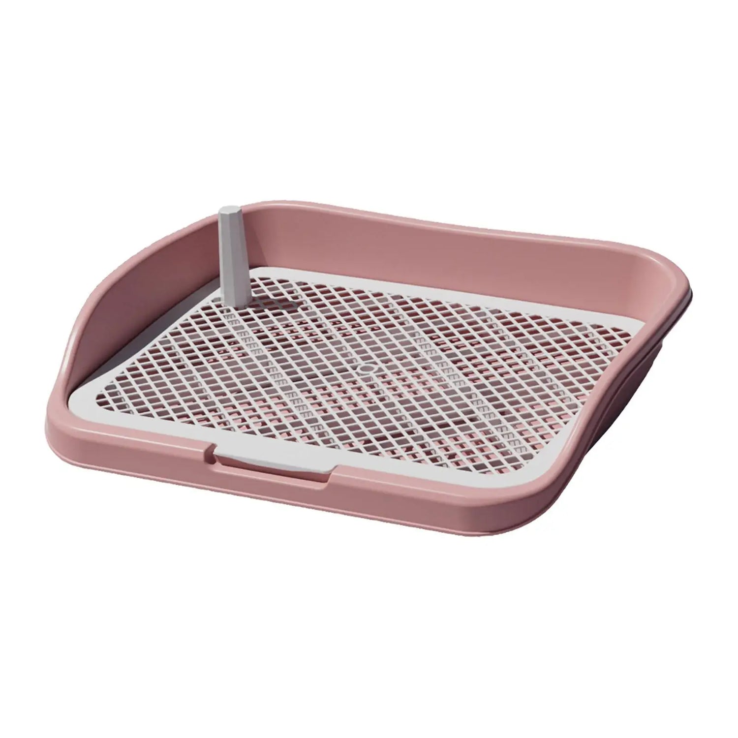 Pink plastic dog potty tray with raised sides and removable grid insert