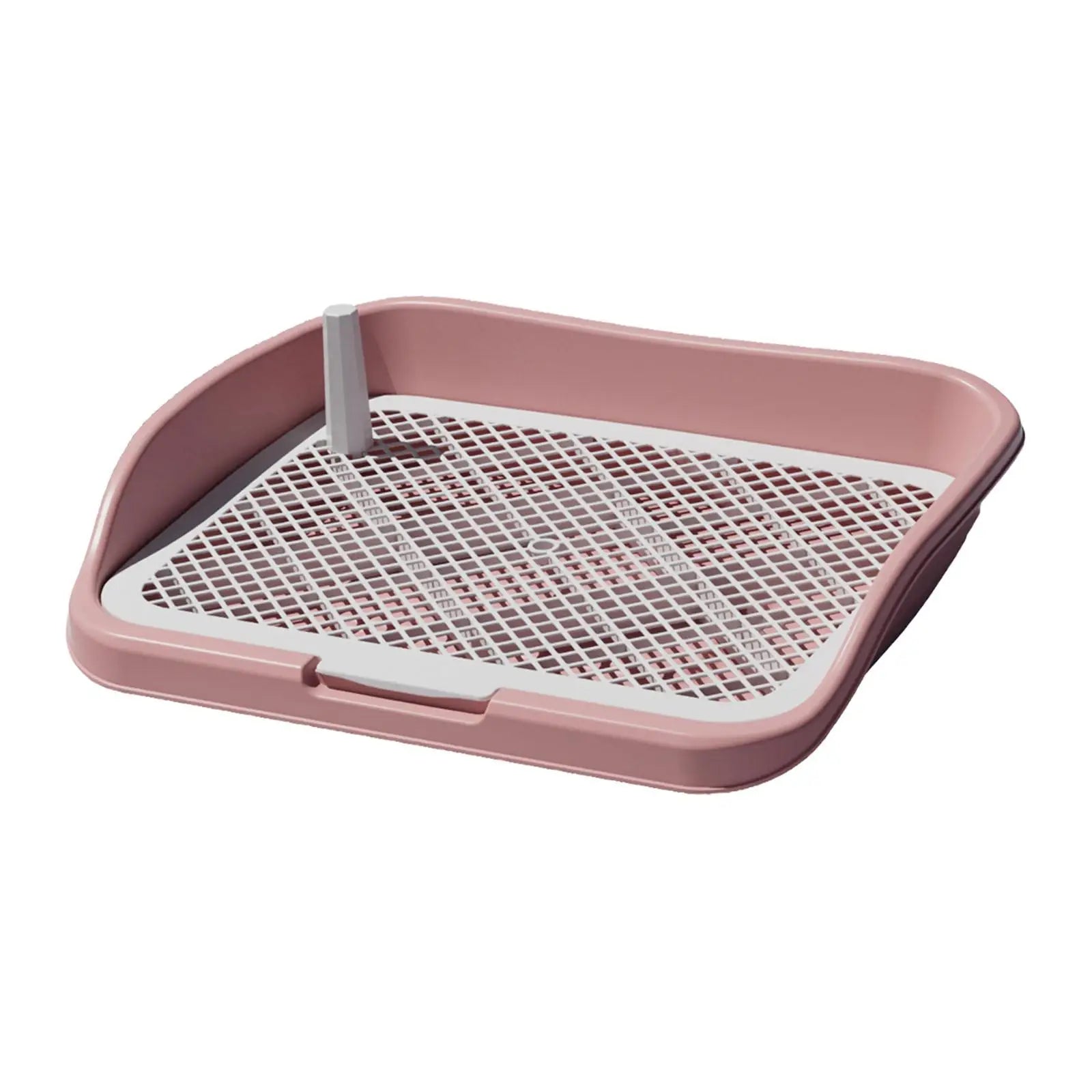 Pink plastic dog potty tray with raised sides and removable grid insert