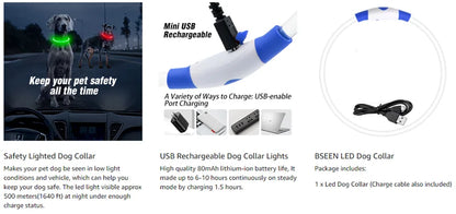 Led Usb Dog Collar Pet Dog Night Luminous Charge Collar Pet Accessorie features USB rechargeable safety lights for pets.