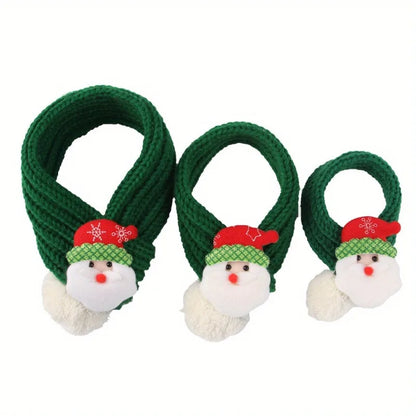 Three green knit dog scarves with plush Santa Claus face decorations, festive pet accessories.