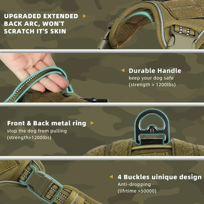 Tactical no pull dog harness with durable handle, front and back metal rings, reflective military design, adjustable MOLLE vest