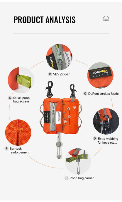 dog poop bag holder with carabiner, orange nylon dispenser with zipper, durable pet waste bag carrier