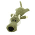 Plush green dog toy shaped like a wolf, textured for chewing, on white background
